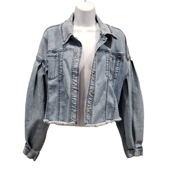 INC Cropped Raw Hem Denim Jacket Balloon Sleeves Western Retro Y2K Size M - Picture 1 of 12